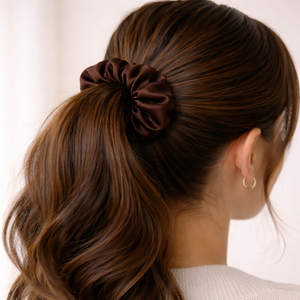 Scrunchie saténová gumička SINOA čokoládová2